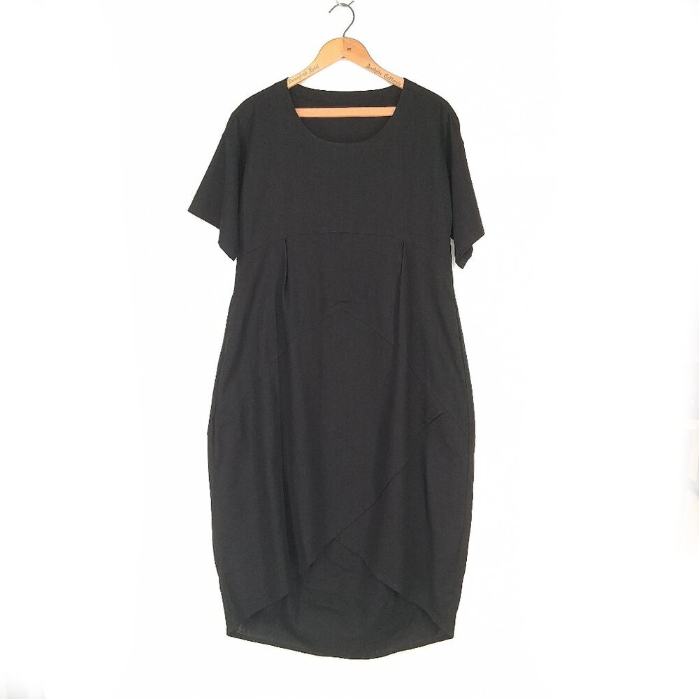 Black Linen Blend  Dress Barrel Tulip Skirt Short Sleeve Scoop Neck Pockets SZ M